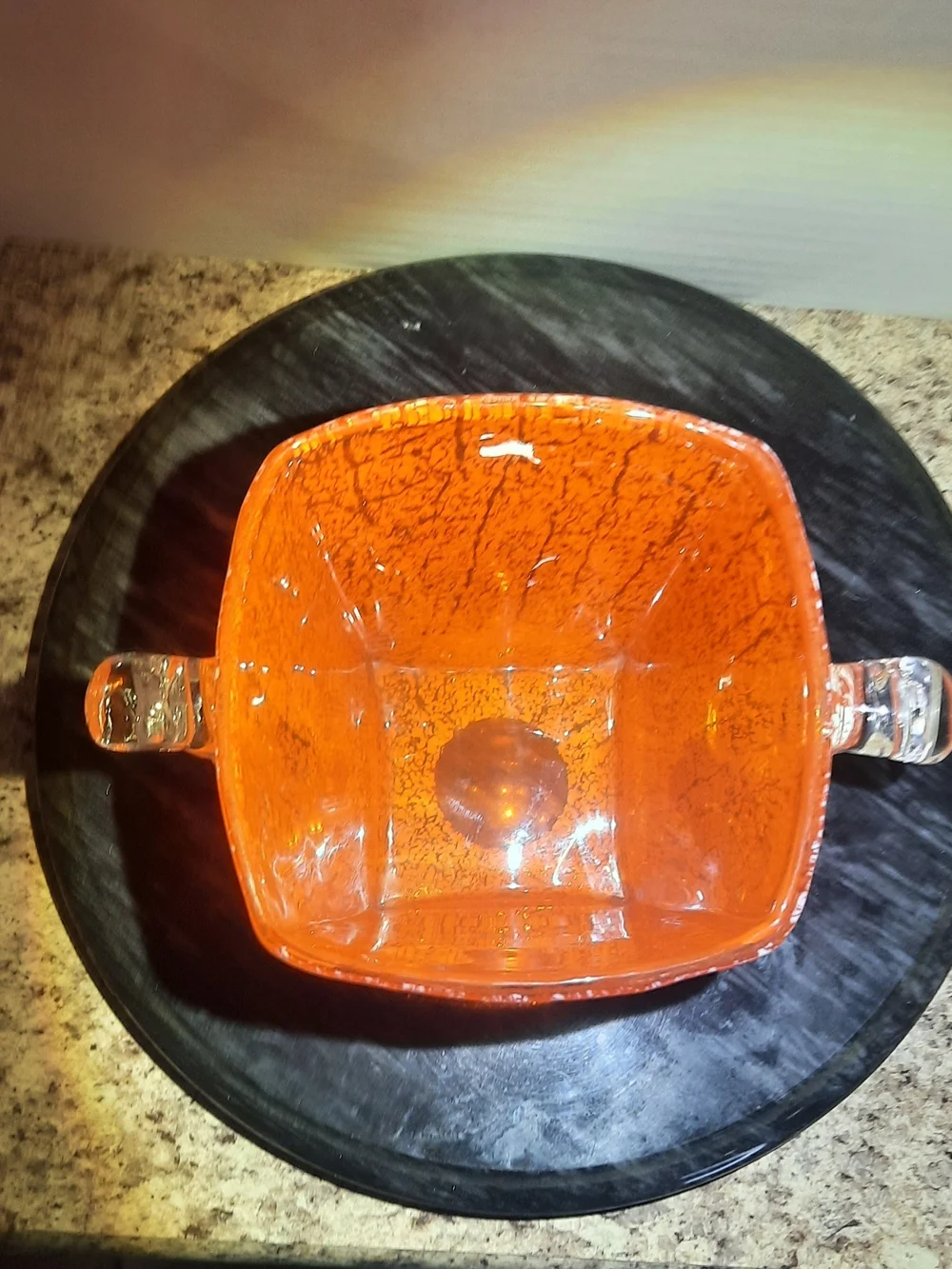 Orange Amberina Art Glass Ice Bucket with Clear Handles